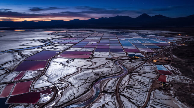 Aerial View of Vibrant Lithium and Salt Evaporation Ponds at Dusk in the Atacama Desert