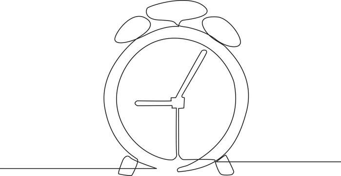 Minimalist continuous line illustration of an alarm clock , drawn in a simple hand drawn outline style and isolated on a white background.