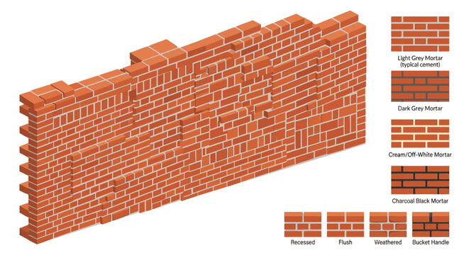 Isometric Red Brick Wall with Mortar Color and Joint Style Guide