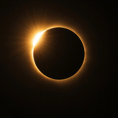 Dramatic total solar eclipse forms a glowing golden corona around a dark moon, creating a striking astronomy image ideal for science, education, celestial and cosmic visual projects. © UQink