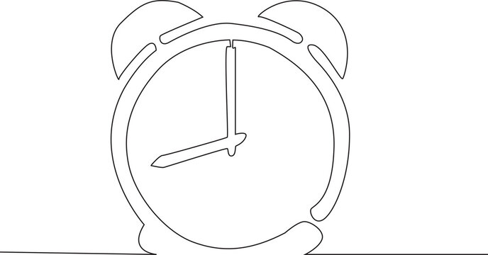 Minimalist continuous line illustration of an alarm clock , drawn in a simple hand drawn outline style and isolated on a white background.