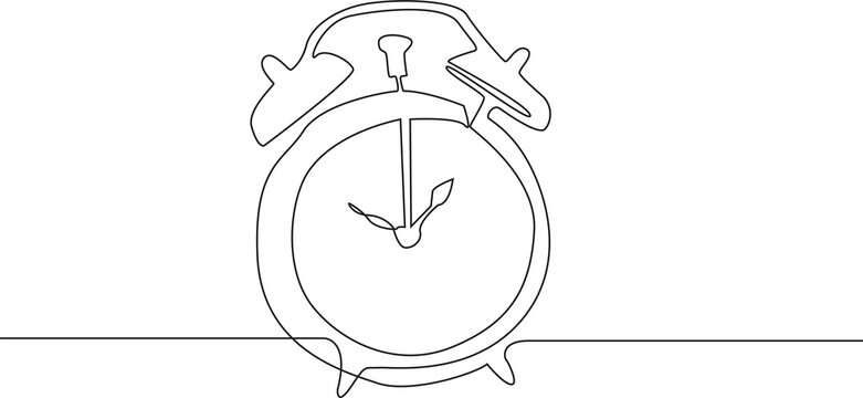 Minimalist continuous line illustration of an alarm clock , drawn in a simple hand drawn outline style and isolated on a white background.