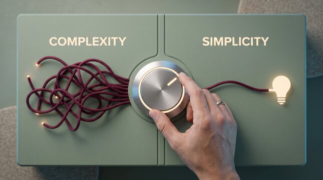 Complexity vs simplicity concept with hand turning dial