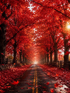 Brilliant red autumn trees form a glowing tunnel over a quiet road, creating a magical seasonal scene ideal for fall travel, road trips, nature backgrounds and lifestyle campaigns.