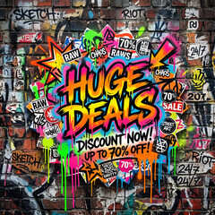 Fototapeta premium Huge Deals Discount 70 Off Graffiti Art Sticker on Brick Wall Background