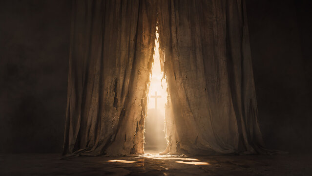 Torn Temple Veil with Divine Light, Christian Crucifixion, Salvation and Access to God Concept