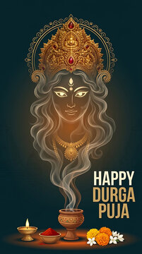 Elegant goddess durga face emerging from incense smoke with ornate crown diya flowers celebrating durga puja and navratri traditional hindu festival artwork