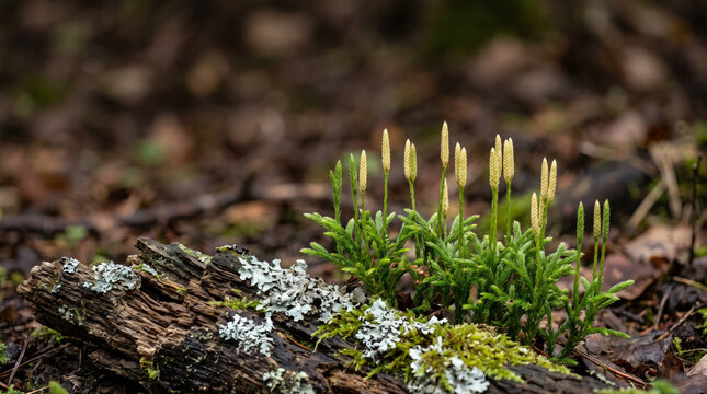Pinecone forest floor background featuring club moss and weathered bark. Rustic autumn pine cone forest floor. timberland conifer wood ground, peaceful fall nature