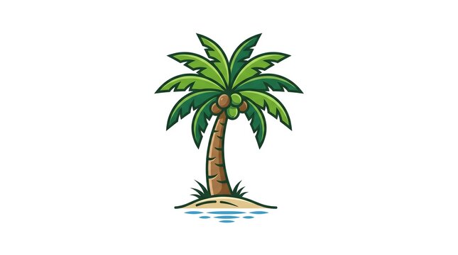 Colorful tropical coconut palm tree vector illustration with green leaves, coconuts, sandy island, and blue water