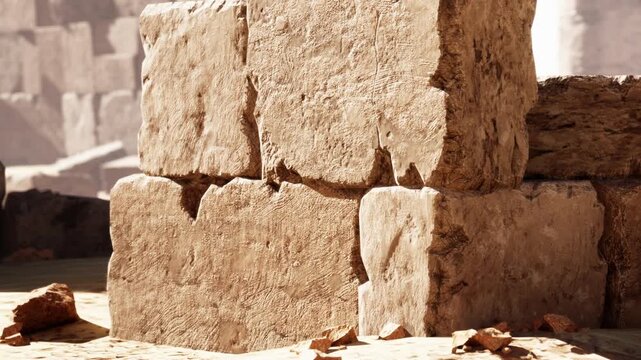 Workers are preparing stone blocks at a historical site in the desert. The sun shines brightly on the sturdy blocks made of limestone, showing signs of wear from time.