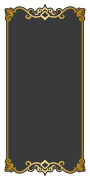 Elegant gold vertical frame, black background, vintage sign.