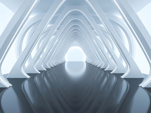 Modern futuristic interior hallway featuring white parabolic structural arches and a dark reflective floor.