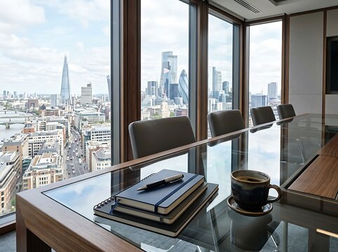 A sophisticated office meeting table with a reflective glass top, featuring a stack of notebooks, a pen, and a ceramic cup of coffee near th e edge, with a city view through large windows.