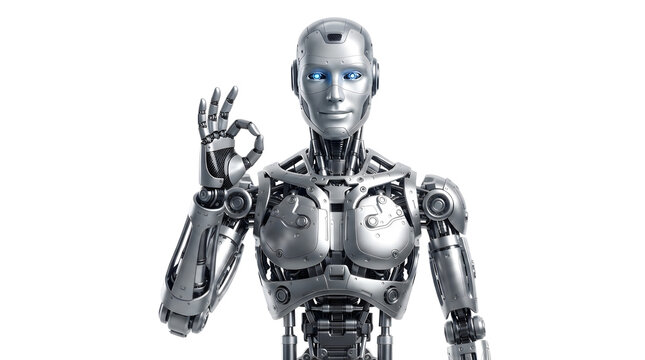 Metallic humanoid robot showing okay gesture on white background