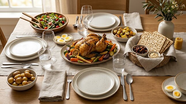Roasted chicken dinner with sides and matzah bread served on a wooden table for a festive family meal. Matzah dinner