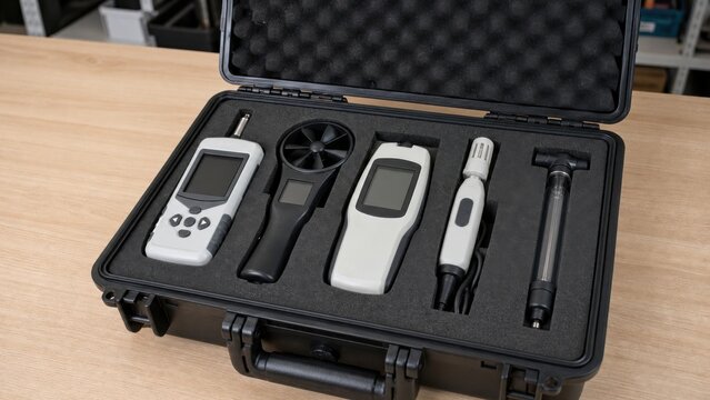 Indoor air inspection instruments arranged in custom foam inside an