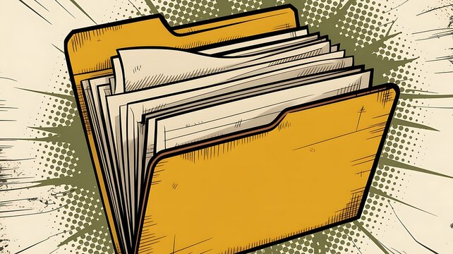Yellow file folder with halftone dots containing documents, grunge comic book style 