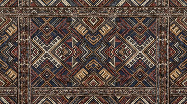 Intricate geometric rug pattern with symmetrical interlocking lines and earth tone color palette for rustic interior design.
