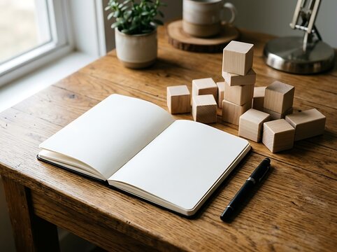 Focused hand writing down strategic goals and plans in a blank notebook next to wooden blocks on a wooden desk