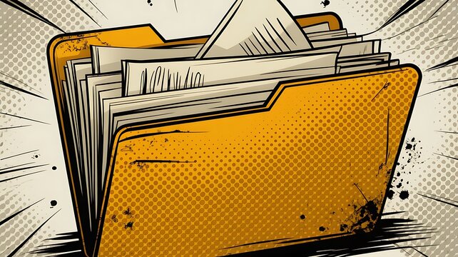 Yellow file folder with halftone dots containing documents, grunge comic book style 