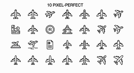 Fototapeta premium Set of pixel perfect airplane icons, various aircraft illustrations, perfect for travel and transportation designs