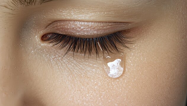 close up of a closed eye with a single tear rolling down the cheek expressing sadness