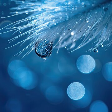macro shot of water droplets on pine needles with blue bokeh background