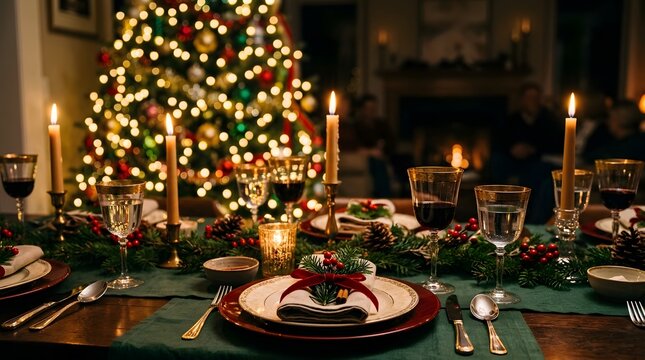 Warm and inviting christmas dinner scene with a decorated tree and cozy fireplace glow