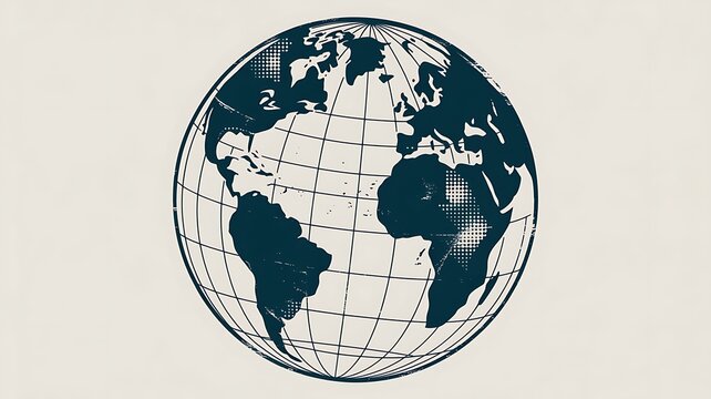 Blue distressed globe illustration with halftone continents and grid lines, isolated on a transparent background 
