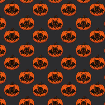 Seamless vector repeat pattern design of pumpkins with a cat with wings carving