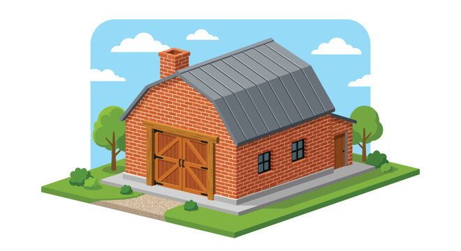 Isometric red brick barn illustration with wooden doors, chimney, and rural landscape background.