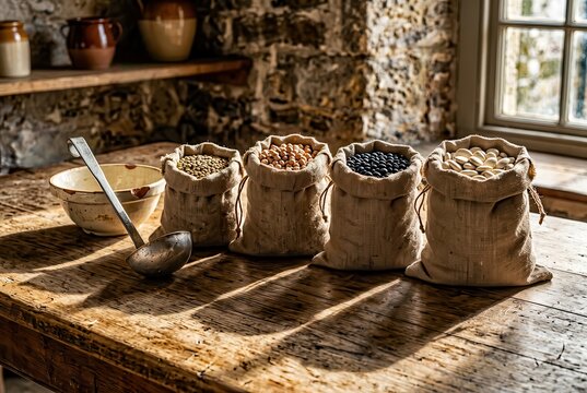 Rustic dry beans in burlap sacks on wooden table
