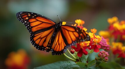 Obraz premium Butterfly resting gracefully on vibrant blooming flowers, surrounded by colorful petals and a bright natural garden atmosphere 