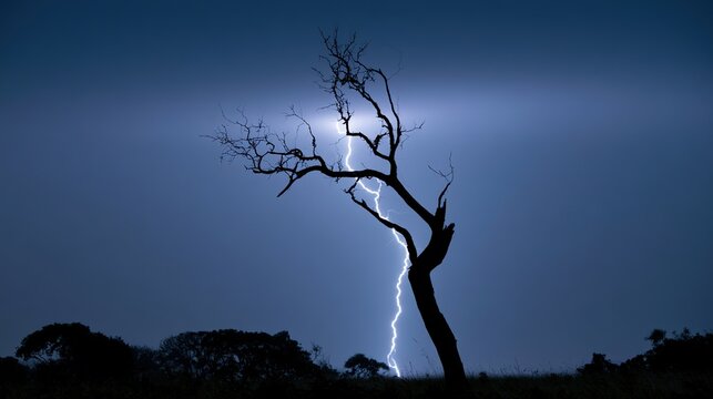 charred. Lightning strike hitting a solitary tree during a thunderstorm. ESG reports, sustainability campaigns, designed for environmental awareness campaigns, promotes sustainability.