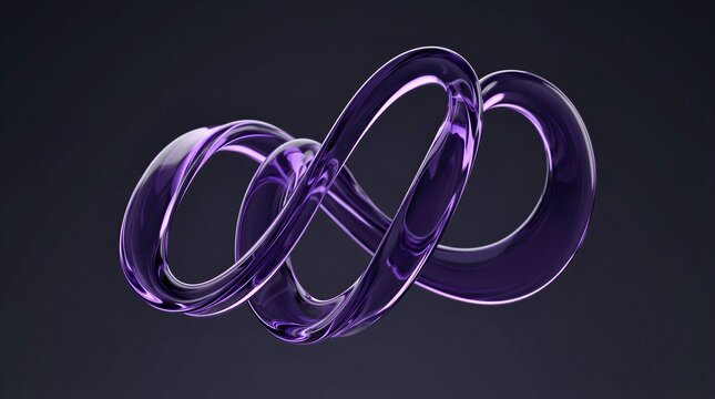 A single smooth 3D ribbon of glossy purple glass, twisting and looping through empty space, rendered with soft studio lighting and subtle reflections against a dark charcoal gradient background.