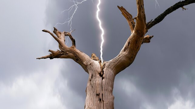 charred. Lightning strike hitting a solitary tree during a thunderstorm. ESG reports, sustainability campaigns, designed for environmental awareness campaigns, promotes sustainability.