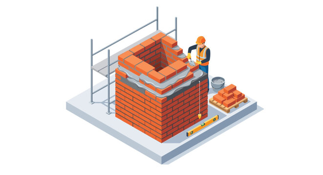 Isometric Construction Worker Building Red Brick Wall with Tools