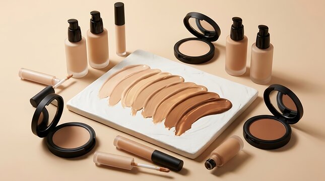 Liquid foundation makeup bottles and powder compacts with beige cream swatches on a soft surface. global complexion collection