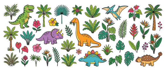 Cute Cartoon Dinosaurs and Tropical Plants Isolated © herdiyaji