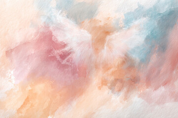 Naklejka premium Abstract watercolor white angel wings flying in pastel clouds, ideal for a spiritual meditation website header, modern church worship album cover art or premium luxury spa backdrop design