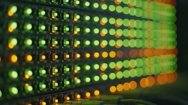 Abstract Bokeh Of Blinking Green And Orange Server Rack Leds
