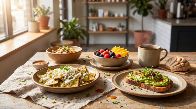 Mexican Breakfast Feast Chilaquiles Verdes Avocado Toast Fresh Fruit Bowl Concha Sweet Bread Hot Coffee Rustic Cafe Table Sunlight Bright Airy Culinary Composition Authentic Traditional Mexican Plate