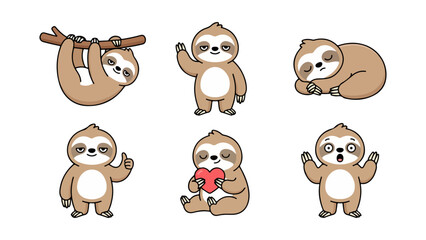 Fototapeta premium Cute Sloth Collection: A whimsical compilation of six adorable sloths depicted in various charming poses and expressions, showcasing their unique and relaxed nature.