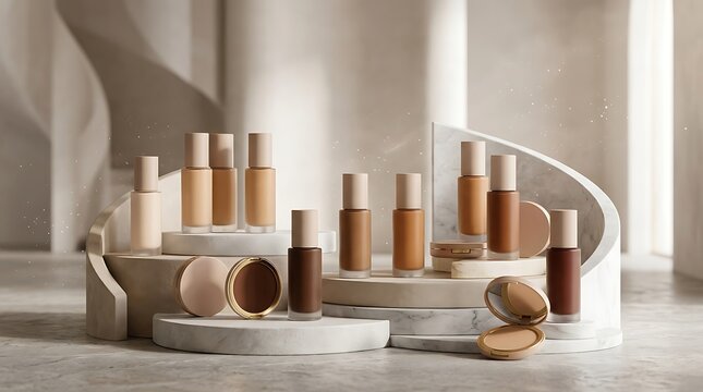 Collection of liquid foundation makeup bottles and cosmetic powder compacts on stone podiums. global complexion collection