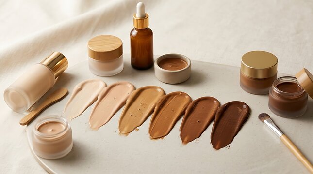 Various shades of liquid foundation makeup swatches with cosmetic bottles and brushes. global complexion collection