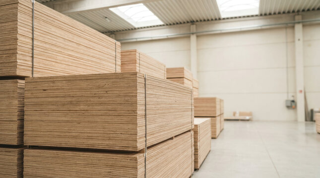 Stacked plywood sheets in warehouse storage with industrial shelving and bright skylight