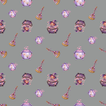 A whimsical Halloween pattern featuring a witch's cauldron, broomstick, and potion bottle, all rendered in a charming watercolor style with glowing accents.