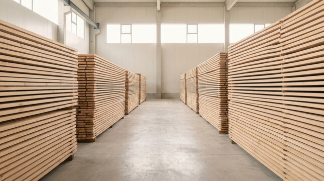 Warehouse lumber stack timber wood plank storage industrial interior symmetrical