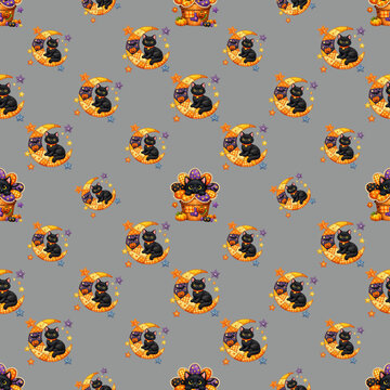 A charming Halloween pattern featuring black cats sitting on crescent moons and surrounded by pumpkins and candy. This whimsical design evokes a sense of playful spookiness and festive spirit.