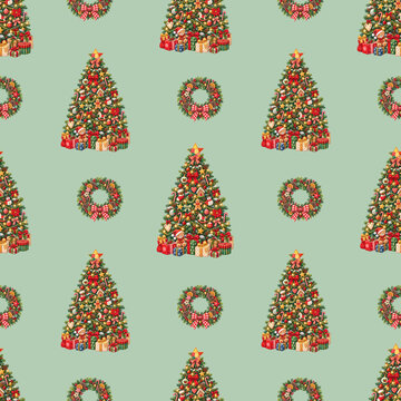 A festive seamless pattern featuring decorated Christmas trees and wreaths on a light green background, evoking holiday cheer.